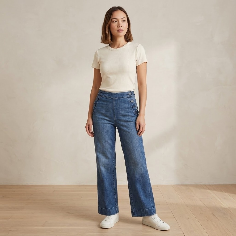 Talbots Womens 2P Wide Leg Jeans Blue Sailor Button High Rise Denim Trousers